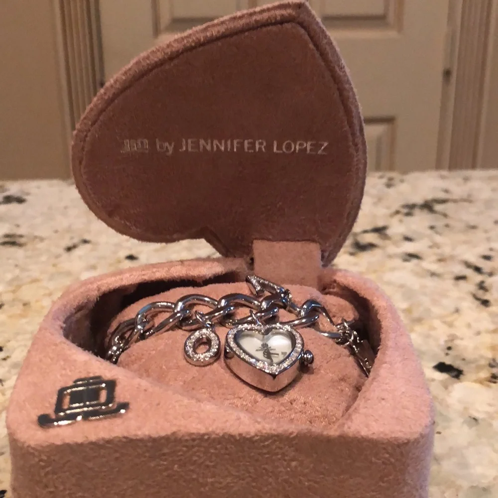 Watch by JLo in Heart Shaped Silver Tone Bracelet with Heart Face